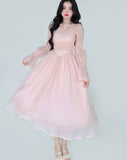 Nukty Elegant Evening Party Midi Dress Women Bubble Sleeve French Vintage Sweet Dress Female Pink Korean Style Fairy Dress Autumn