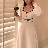 Nukty Vintage Button Dresses for Women Fairy Midi Party Dress Evening Office Lady Design One Piece Dress Elegant Korean Spring