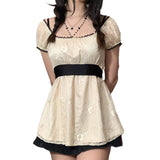 Nukty y2k Aesthetic Lace Tops Fairy Grunge Women Short Sleeve Drawstring Tshirt Off Shoulder Clothes Korean Fashion T Shirt Streetwear
