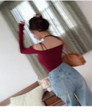 Nukty Women Cropped Tee Shirts Lady Long Sleeve Halter Slash Neck Stretchy Crop Tops Girls Slim T Shirts