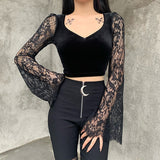 Nukty 90s Vintage Velvet Black Crop Top Elegant Lady Lace Flare Sleeve V Neck T-shirt Harajuku Grunge Retro Tees Women Gothic Clothes