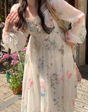 Nukty Print Midi Dresses for Women Fairycore Square Collar Long Sleeve Vintage Dress New Fashion Elegant Party Dresses