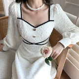 Nukty Vintage Button Dresses for Women Fairy Midi Party Dress Evening Office Lady Design One Piece Dress Elegant Korean Spring