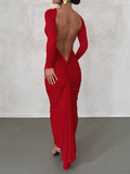 Nukty Backless Maxi Dress Elegant Red Long Sleeve Sexy Ruched Bodyocn Evening Party Dress for Women Spring Slim Christmas Outfits