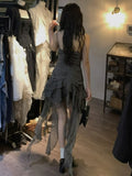 Nukty Y2K Mini Dress Summer Gothic Strap Ruffles Fairy Dress Women Sleeveless Irreular V-neck Cake Dress Emo Alt Vintage Goth