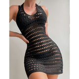 Nukty Beach Bath Outlet Women Cover Up Seashore Hollow Out Backless Dress Sexy Slim One Bind Solid Polyester Wear Bikini Swimwear