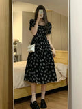 Nukty Vintage Black Square Collar Bandage Puff Sleeve Print Chiffon Midi Maxi Dresses for Women Party Dress Korea Clothing Summer
