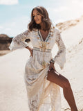 Nukty Summer Elegant Dresses for Women Tunic Fashion Robe Longue Beach Dress Sexy Lace Long Sleeve  White Robe Vestido Pareos