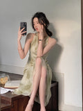 Nukty Vintage Sexy Sleeveless Neck-mounted Party Maxi Dresses for Women Halter Spaghetti Strap Folds Midi Dress Elegant Fashion Summer