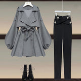 Nukty Autumn Office Ladies Elegant 2 Piece Sets Women Korean FashionTurn-down Iantern Long Sleeve Trench Coat And Bodycon Pants Sets