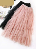 Nukty Fashion Tutu Tulle Skirt Women Long Maxi Skirt Spring Summer Korean Black Pink High Waist Pleated Skirt Female