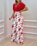 Nukty Summer Two Piece Set Women Fashion V-neck Bat Sleeve Top Printed Wide-leg Pants Suit Casual Two Piece Set Women