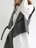 Nukty Women Chic Asymmetrical Short Waistcoat Femme Pu Faux Leather Fashion Loose Thin Sleeveless Jacket Mujer V-neck Big Pocket Vest