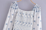Nukty Spring Summer Vintage New Fashion Women Embroidered Elastic Square Neck Puff Long Sleeve Short Mini Dress