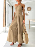 New Women's Jumpsuit Single Shoulder Strap Pleated High Waist Casual Wide Leg Jumpsuit Elegant Hakama Jumpsuit Women