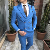 Nukty Slim fit Double Breasted Suit for Men 2 Piece Light Blue Wedding Tuxedo for Groom Peaked Lapel Custom Man Fashion Costume