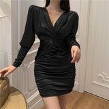 New Prom Party Fashion Women's Stain Dresses Slim Skinny V-neck Hip Mini Dress Urban Ladies Pleated Long Sleeve Sexy Dress