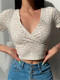 Cross Crop Top T-shirt Y2K Vintage Floral Women Cropped Slim Short Sleeve V-neck Sexy Summer Clothes Tee Shirt Korean Femme Tops