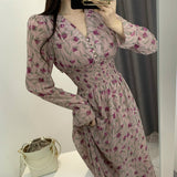 Nukty New Flower Dress Women Floral Chiffon Clothes Maxi Dresses Beach Elegant Autumn Pink Korean Long Sleeve V Neck Vestidos De Mujer
