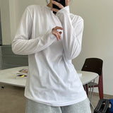 Nukty Summer Women's Casual Solid Color Round Neck Long Sleeve Loose T-Shirt