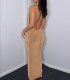 Nukty Elegant Gold Sequin Long Party Dresses For Women Sexy Halter Backless Maxi Dress Draped Glitter Luxury Evening Dress