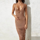 Nukty Beach Dress Ladies Summer Suit And Tunics Cover Up Sexy Knitted Hollowed-Out Beach Blouse Lace-Up Fringed Maxi Dress