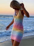 Nukty V-Neck Knitted Dress Tie-Dye Holiday Party Backless Beach Cover-Up Dress Bodycon Slim Sleeveless Summer Mini Sweater Dress