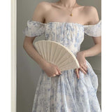 Nukty Blue and White Porcelain Printing Off Shoulder Style Backless Sweet Midi Dress Summer Backless Sexy Outfits