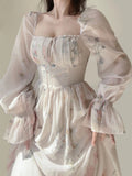 Nukty Floral Dress for Women Fashion French Style Elegant Long Sleeve Midi Dress Chic Casual Square Collar Chiffon Dress