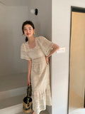 Nukty Sweet Korean Soft Girl Square Collar A Line Midi Dress Summer Lace Embroidery Party Dresses Office Lady Casual Vestidos Feminino