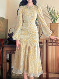 Nukty Floral Print Lace Midi Dresses for Women Clothing Elegant Long Sleeve Folds Party Prom Female Beach Bodycon Dress Summer