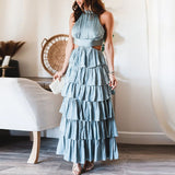 Nukty Summer Sexy High Waist Sleeveless Boho Long Dresses Hollow Out Cascading Ruffle Cake Dress Women Halter Beach Maxi Dresses