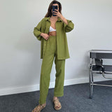 Nukty New Womans Suit Autumn Sleepwear Two-piece Women's Homewear Long Sleeve Cropped Button Shirt + Wide Leg Pants Suit Ladies