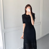 Nukty Casual Chic Korean Temperament Slim Sexy Hollow Out Dresses O Neck Short Sleeve Wrap Hip Knitted Dress White Lady Summer