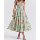 Nukty 2024 Women French Style Floral Print A-line Midi Sling Dress Sexy Sleeveless Front Slit Female Holiday Party Summer Dress