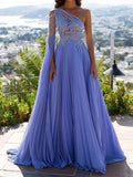 Nukty Evening Luxury One Shouler Sleeves Formal Robes De Soir¨¦e Vestidos Elegantes Para Mujer Noche Lavender Long Prom Dresses