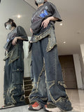 Nukty Y2K Vintage Men Korean Blue Streetwear Oversize Star Aesthetic Straight Trousers Wide Leg Jeans Grunge Denim Pants Women Clothes