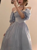 Nukty Vintage Elegant Midi Dresses Women Spring Blue Patchwork Retro Evening Party Dress French Sweet Korean Princess Fairy Dress