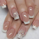 24Pcs Glitter Pink Gradient False Nails Wearable French Fake Nail with Rhinestone Designs Short Ballet Press on Nails Manicure