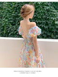 Nukty Women's Skirts Long Dress Fairy Dress French Puff Sleeve Floral Dress Sweet Gauze Bandage Beach Dress Birthday Dress for Women