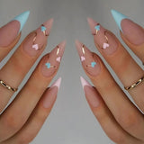 24Pcs False Nails With Glue Almond Pink Butterfly Design Detachable Rhinestones Acrylic Fake Nails long stiletto Press On Nails