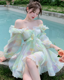 Nukty France Sweet Tie-dyed Fairy Dress Women Elegant Chic Ruffles V-Neck Long Sleeve Princess Dresses Female Casual Beach Vestidos