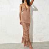 Nukty Beach Dress Ladies Summer Suit And Tunics Cover Up Sexy Knitted Hollowed-Out Beach Blouse Lace-Up Fringed Maxi Dress