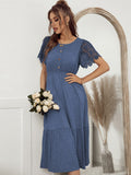 New Lace Short Sleeve Knitting Dress For Women Casual Solid O Neck Button Ladies Spring Summer Medium Long Elegant Dress