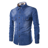 Nukty Fashion Mens Denim Shirt Long Sleeve Plus Size Cotton Jeans Cardigan Casual Slim Fit Shirts Men Two-pocket Tops Clothing M-6XL