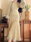 Nukty Floral Print Lace Midi Dresses for Women Clothing Elegant Long Sleeve Folds Party Prom Female Beach Bodycon Dress Summer