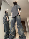 Nukty Y2K Vintage Men Korean Blue Streetwear Oversize Star Aesthetic Straight Trousers Wide Leg Jeans Grunge Denim Pants Women Clothes