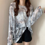 Nukty Tie Dye Long Sleeve T-shirts Women Breathable Summer O-neck Design Mesh Sun-proof Loose Tshirts Korean Style All-match Tops Chic