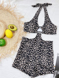 Nukty Leopard Print Hollow Out  Sleeveless Backless Bandage Bodysuit Slim Summer Holiday Beach Club Wear Revealing Y2K