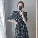 Nukty Vintage Korea Fashion Clothing Summer Slim Elastic Waist A Line V Neck Elegant Office Lady Floral Chic Chiffon Long Dress Retro